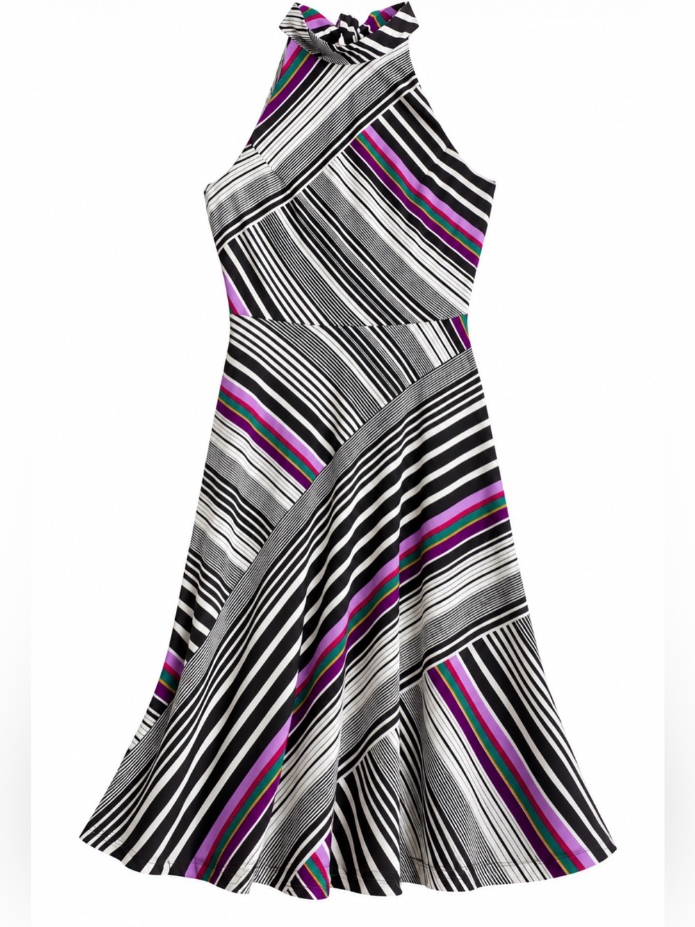Trina Turk Size 4 Striped Halter Midi Dress Black White Multicolor Fit Flare
